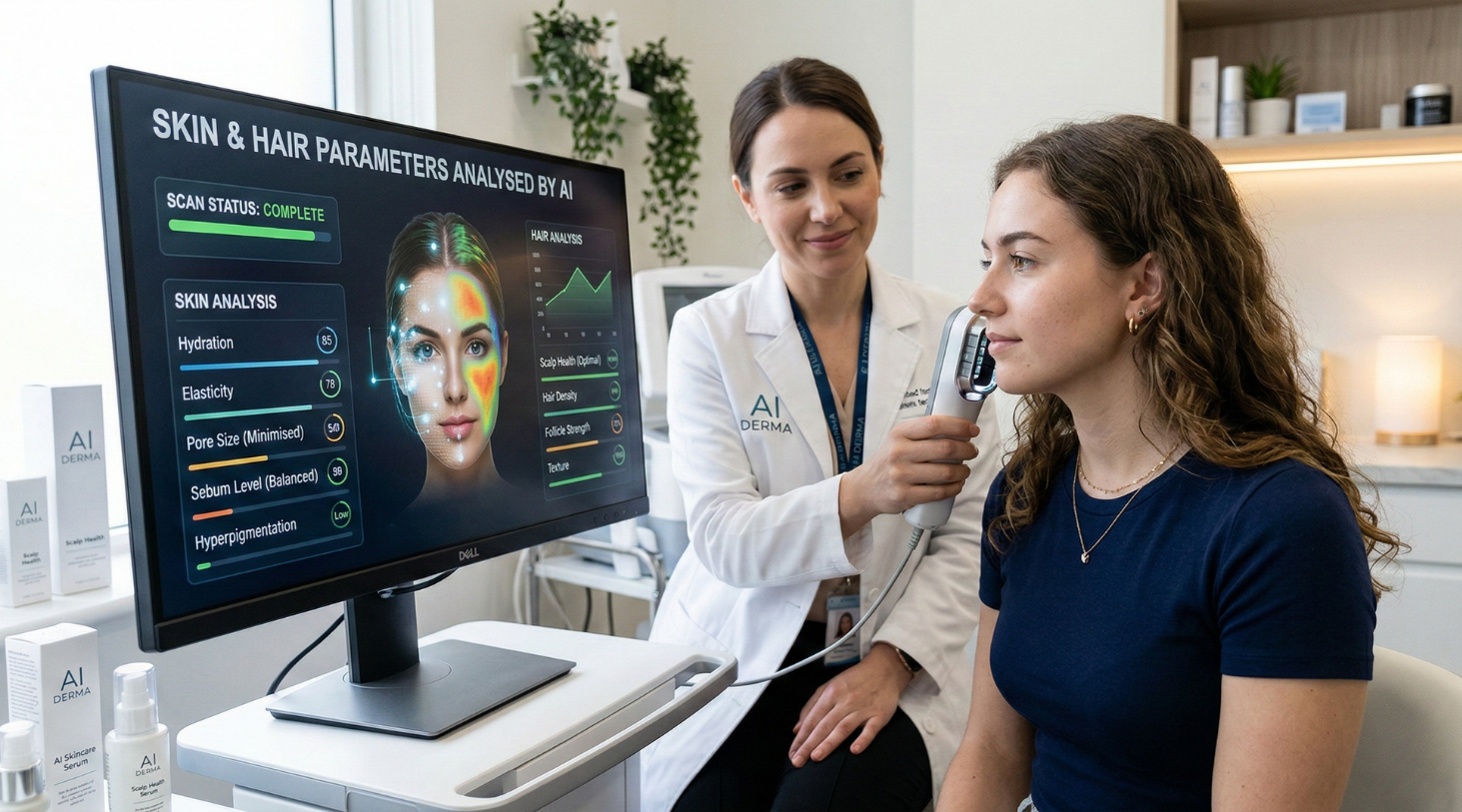 cosmetologist diagnoses a patient's face using AI parameters A cosmetologist diagnoses a patient's face using AI parameters